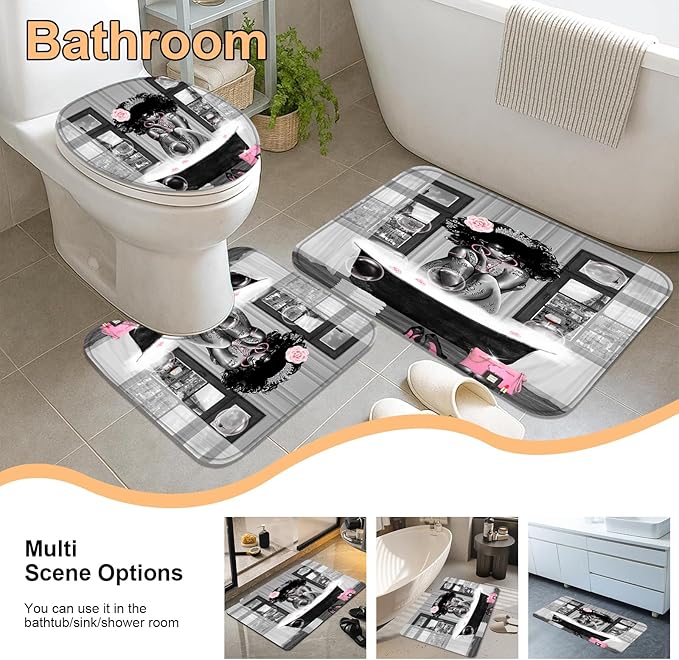 4Pcs African American Shower Curtain Sets with Rugs, Black Girl Shower Curtain for Bathroom Decor Sets with Paris Eiffel Tower Art Pattern, Grey Waterproof juego de baño, with 12 PCS Hooks