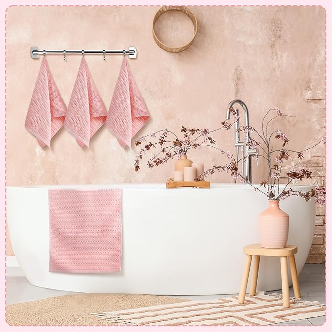 4 Pack Pink Hand Towels Waffle Striped Pattern 100% Cotton Soft Hand Towels for Bathroom 13 x 29 Inch Absorbent Waffle Washcloths for Bathroom Kitchen