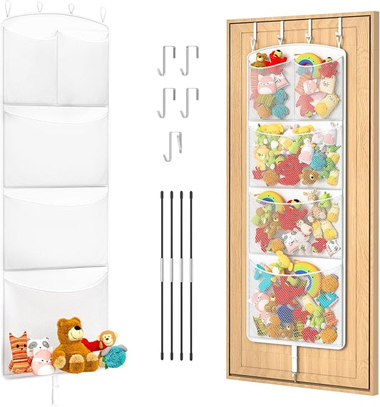 Stuffed Animal Storage Hammock – Over the Door Hanging Toy Organizer & Plush Toy Holder with Metal Hooks & Support Bars, Capacity Mesh Net for Easy Access, Kids Room, Playroom/Nursery, White