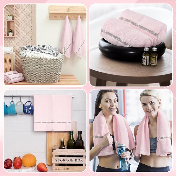 2 Pcs Pink Sparkling Hand Towels with Rhinestones for Bathroom 100% Cotton Glitter Soft Elegant Hand Bath Towels Absorbent Machine Washable for Spa Yoga Hotel Sport, 29.5" x 13.8"