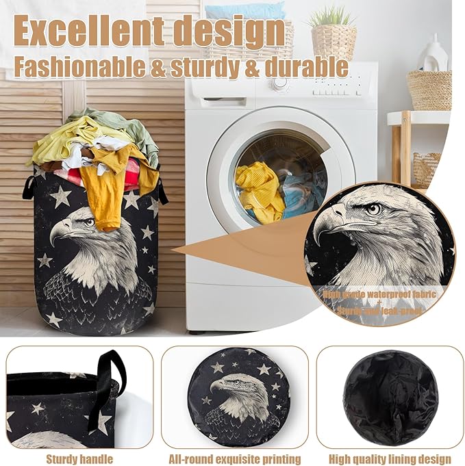 Black Eagle Laundry Basket, Foldable Waterproof Laundry Hamper Tote Bag Dirty Clothes Storage Bucket Toy Organizer for Bathroom/Laundry/Bedroom 15.7"x19.6"