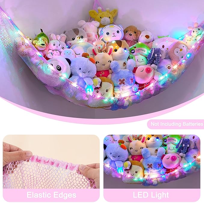 Unicorn Castle Stuffed Animals Net or Hammock Kids Toy Storage Organizer with LED Light Hanging Corner Stuffed Animals Holder Kids Girls Room Decor,Pale-Pink,Large (Pack of 1)
