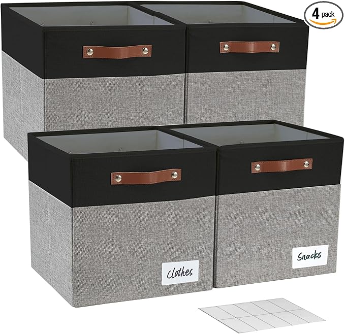 13x15x13 Storage Cube Bins, Foldable Storage Organizer Baskets, Fabric Cube Storage Boxes with 2 Reinforced PU Handles for Kallax, Shelves, Living Room | 4 Pack, Black & Gray