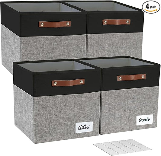 13x15x13 Storage Cube Bins, Foldable Storage Organizer Baskets, Fabric Cube Storage Boxes with 2 Reinforced PU Handles for Kallax, Shelves, Living Room | 4 Pack, Black & Gray