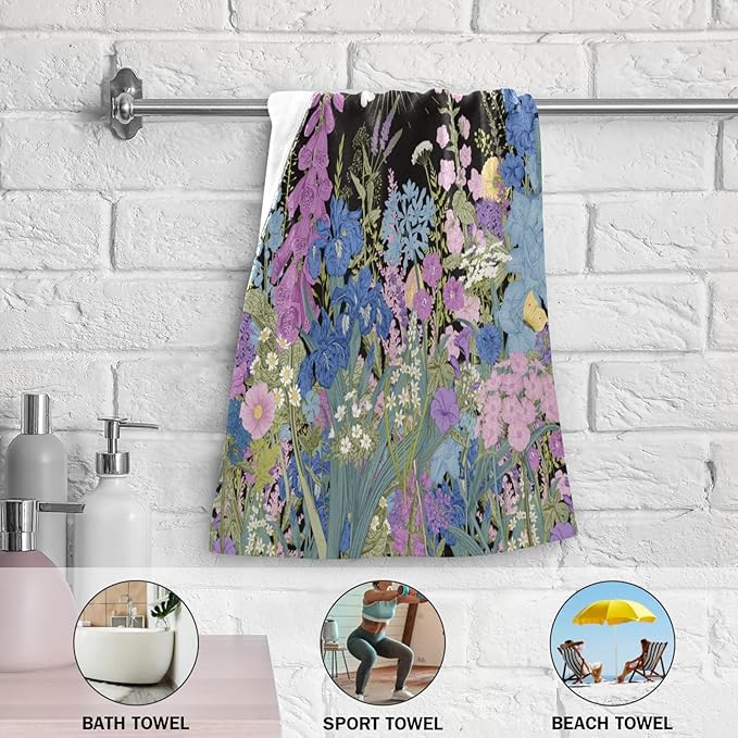2 Pcs Purple Blue Wildflower Hand Towels for Bathroom,Soft Absorbent Vintage Garden Floral Butterfly Black Dish Towels for Kitchen,Quick Dry Decorative Bathroom Towels for Face,Shower 14"x28"