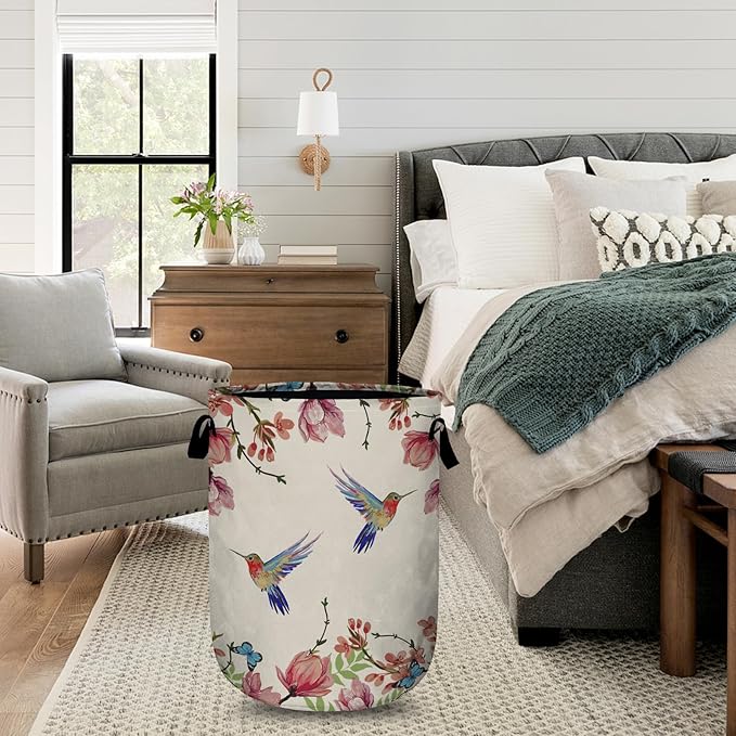 Colorful Flower Bird Butterfly Laundry Basket with Sturdy Handles, Retro Floral Collapsible Oxford Cloth Laundry Hamper Organizer Basket for Bathroom Bedroom 15.7x20 Inch
