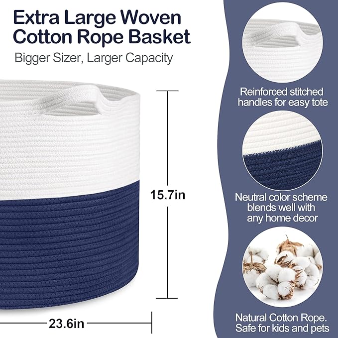 115L Super Large Blanket Basket, Kids Dog Toy Storage Bin Box, Oversized Baby Toy Organizer, Cotton Rope Woven Bin, XXXL Jumbo Basket for Blankets for Living Room, 23.6"x15.7", Dark Blue