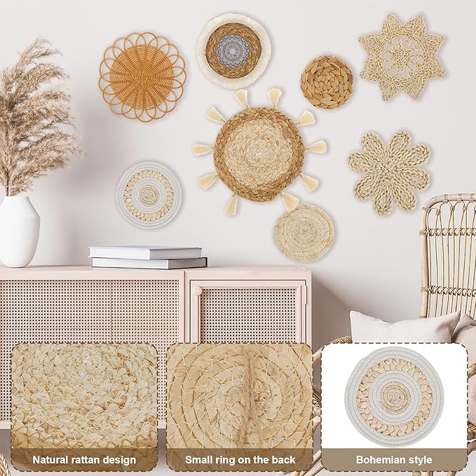 US 8 Pcs Wall Basket Decor Hanging Woven Basket Wall Decor Multipurpose Wall Basket Decor Set Decorative Basket Wall Decor Set for Home Living Room Bedroom Nursery(8,Colour)