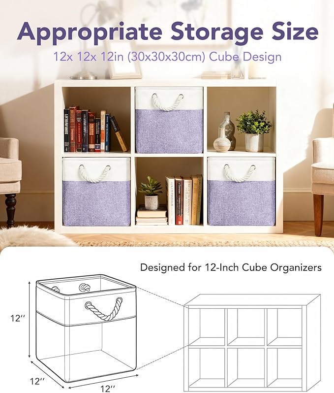 12x12 Storage Cube Bins, 6 Pack Reinforced Bottom Cardboard Foldable Box, Organizer for Closet Shelves, Heavy Home Storage Baskets (White Purple)