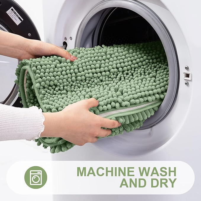 Grandaily Chenille Striped Bathroom Rugs 30x20, Extra Thick and Absorbent Bath Mats, Non-Slip Soft Plush Shaggy Shower Carpet, Machine Wash Dry, Bath Rug for Bathroom, (Medium, Grayish Green)