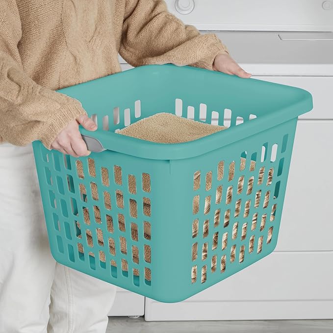 1.5 Bushel Square Plastic Laundry Basket, BPA-Free, Teal Splash - 2 Comfort Grip Handles, Sturdy & Stackable, for Bedroom, Bathroom & Laundry Room