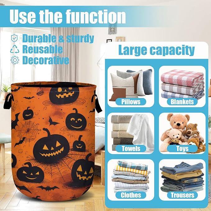 Spooky Pumpkin Laundry Basket, Halloween Laundry Hamper Collapsible Oxford Cloth with Handle Clothes Toy Storage Bin for Bathroom Laundry Room Bedroom 15.7 X 20 Inch