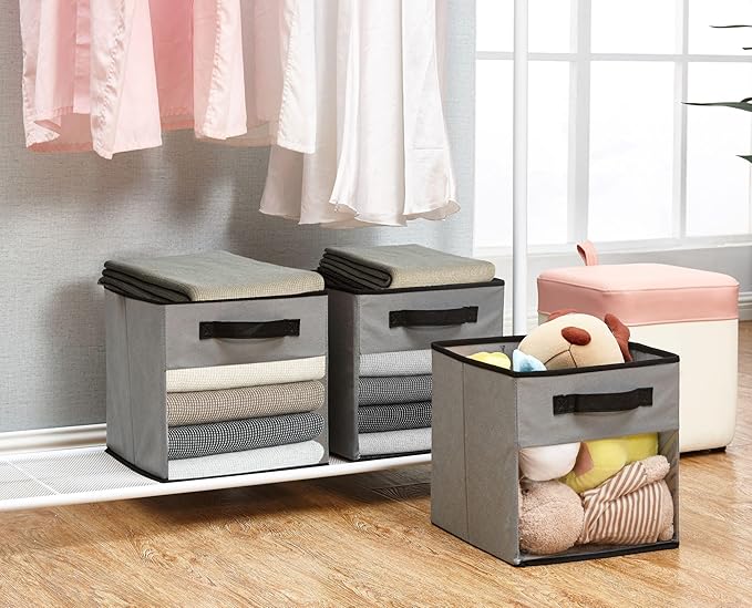 DECOMOMO Storage Cubes, 13 inch Cube Storage Bins with Window, Fabric Organizer Bins (13" / 6pcs, Grey)