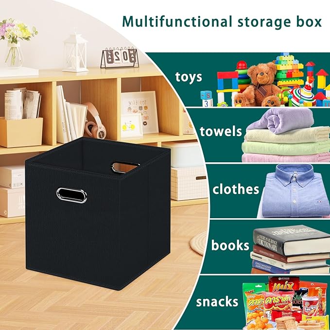 Black Foldable Storage Cubes Bins, Fabric Storage Box Cubes Organizer Baskets with Dual Handles for Home Organizer,Set of 3,(Black)