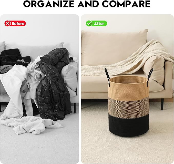 Woven Laundry Hamper Tall Rope Storage Basket for Blanket oys Dirty Clothes in Living Room Bathroom Bedroom (Jute Brown & Black, 80L/21.3Gal)