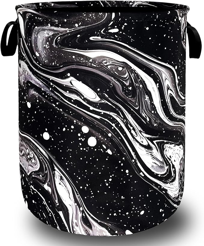 Black White Marble Laundry Basket Foldable Beautiful Pattern Laundry Hamper With Handle Oxford Cloth Portable Clothes Storage Basket Laundry Bag 18.9"x16.5" For Laundry Room/Bedroom/Bathrooms