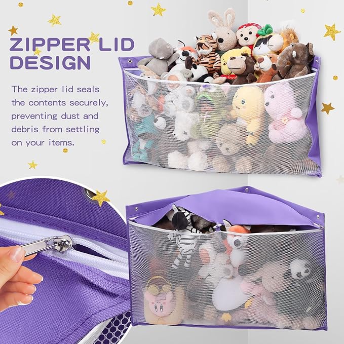 ANROYE Large Corner Stuffed Animal Storage, Kids Plushies Toy Purple Wall Hammock for Girls Room, Baby Squishmallow Holder for Nursery, Organizer Idea for Bear Hanging Display Boy Gift