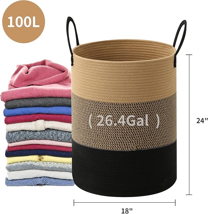 Woven Laundry Hamper Tall Rope Storage Basket for Blanket toys Dirty Clothes in Living Room Bathroom Bedroom (Jute Brown & Black, 100L/26.4Gal)
