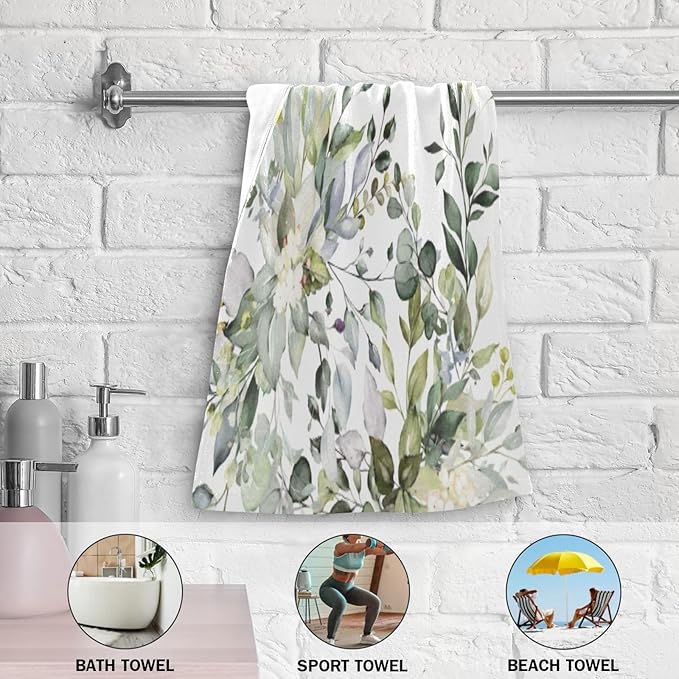 2 Pack Eucalyptus Hand Towels,Microfiber Absorbent Watercolor Sage Green Leave Bathroom Towels,Quick Drying Plant Floral Kitchen Towels,Leaf Hand Towels for Bathroom,Shower,Guest,Face 14"x28"