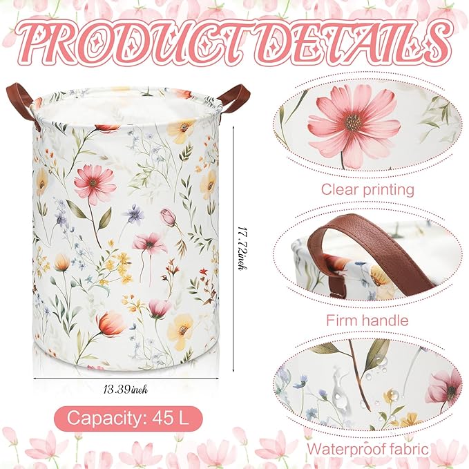 2 Pcs Wildflower Laundry Basket Coquette Storage Basket for Girls Nursery Hamper with Handles Foldable Waterproof Collapsible Storage Bin Organizer for College Dorms Bathroom