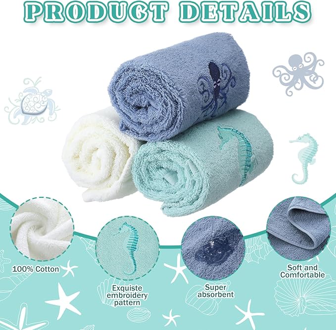 3 Pack Coastal Hand Towels for Bathroom 100% Cotton Embroidered Bathroom Towels 13.78 x 29.53 Inch Beach Hand Towels Soft Absorbent Cotton Towel (White, Blue Gray, Teal Aqua,Sea)
