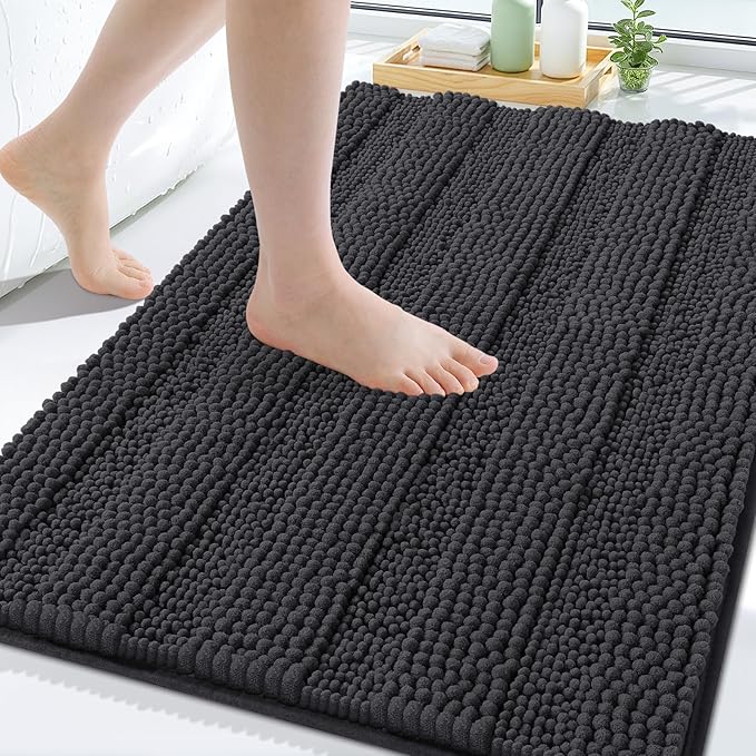 Grandaily Chenille Striped Bathroom Rugs 24x16, Extra Thick and Soft Absorbent Bath Mats, Rubber Backing, Plush Shaggy Shower Carpet, Machine Wash Dry, Bath Rug for Bathroom, Charcoal