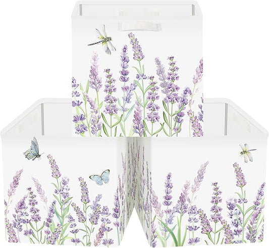 11.8" Wild Flower Storage Cube Organizer Set 3Pcs Clothes Storage Basket Bin for Closet Shelf Garden Butterfly Nursery Kid Room Book Toy Chest, Lavender