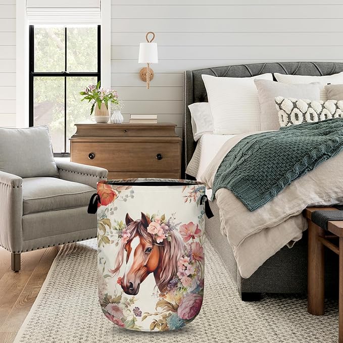 Pink Flower Horse Laundry Basket with Sturdy Handles, Floral Animal Collapsible Oxford Cloth Laundry Hamper Organizer Basket for Bathroom Bedroom 15.7x20 Inch