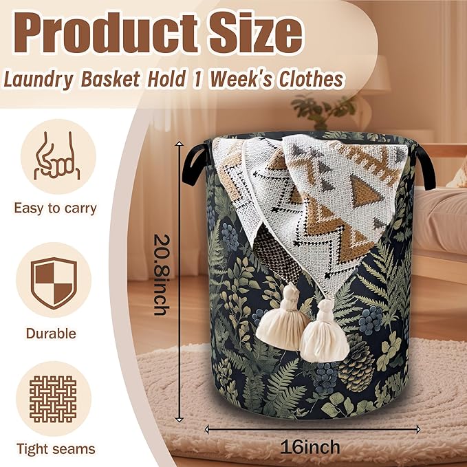 Tropical Leaves Floral Laundry Baskets,Laundry Hamper,Storage Basket with Handles for Bathroom Bedroom College Dormitory Living Room Nursery Organizer 16"x20.8"