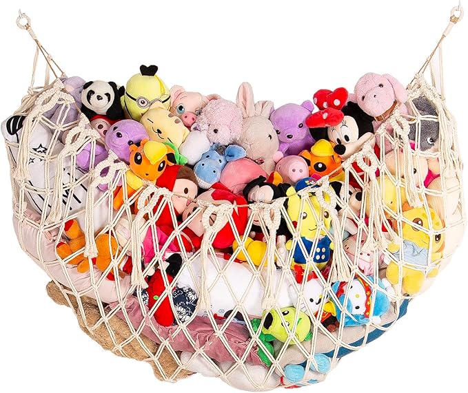 Stuffed Animal Net or Hammock Wall Hanging Net for Stuffed Animal Storage Macrame Toy Display Plush Toy Holder Soft Toy Organizer for Nursery Baby Bedroom Playroom-Cream