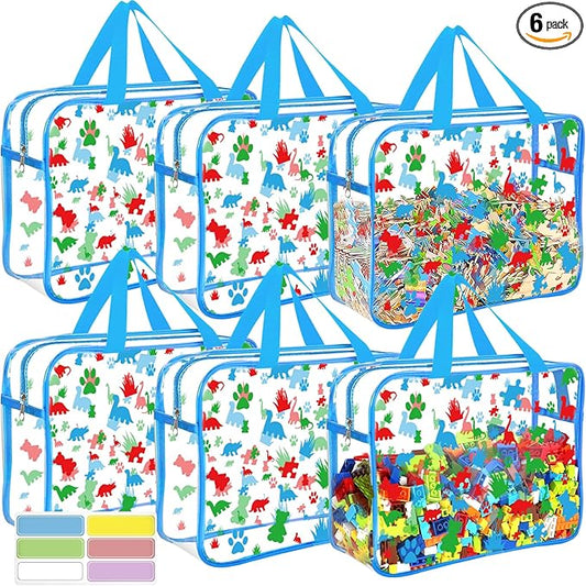 6 Packs Large Toy Storage Bags with Labels, Reusable Clear PVC Storage Bag, Travel Waterproof Organizer Bags (Blue-cute pattern)