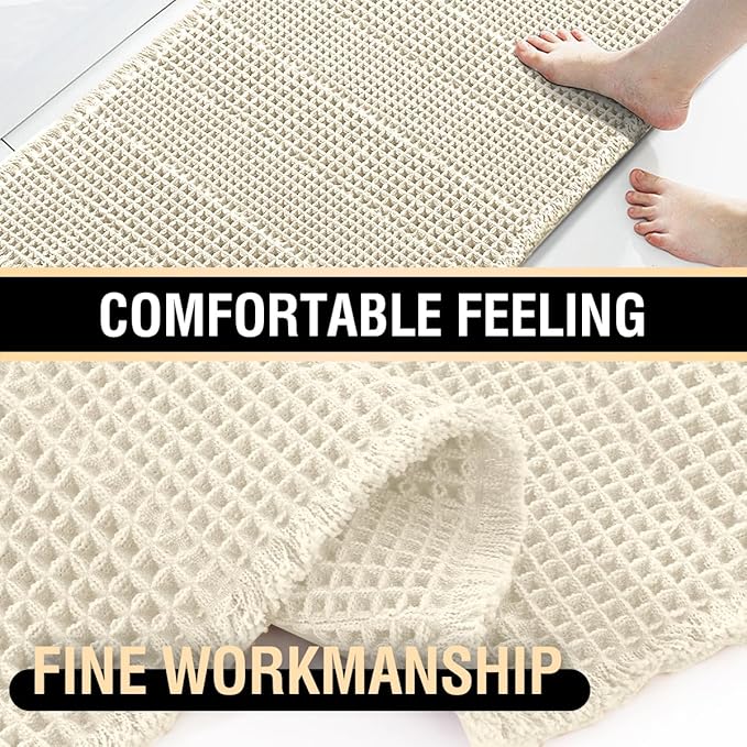 H.VERSAILTEX Waffle Bath Mat Super Absorbent Bathroom Mats Non Slip Bath Rugs for Bathroom Floor Machine Washable Ultra Soft Bathroom Rugs for Beside Tub, (32 x 20 Plus 24 x 60 - Inches, Ivory)