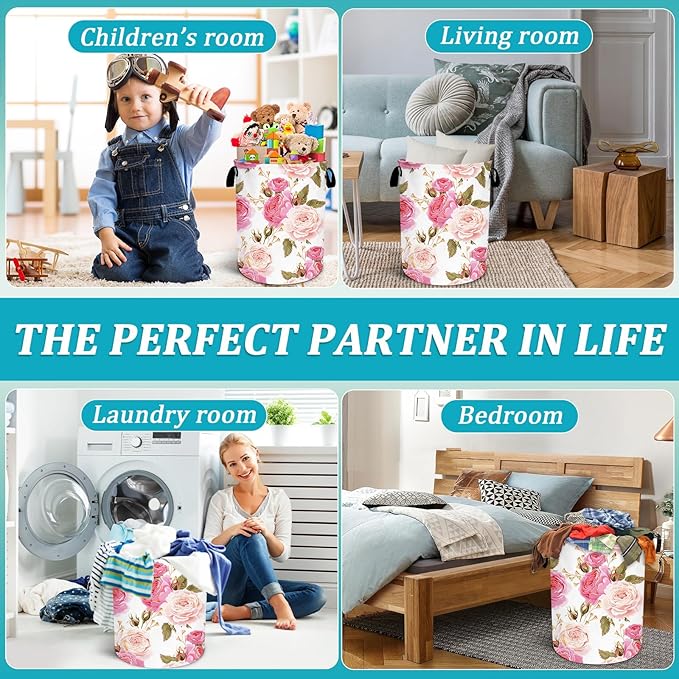 Abstract Pink Rose Laundry Basket, Floral Laundry Hamper Foldable Waterproof Funny Tote Bag Dirty Clothes Storage Bucket Toy Organizer for Bathroom/Laundry/Bedroom 15.7"x19.6"