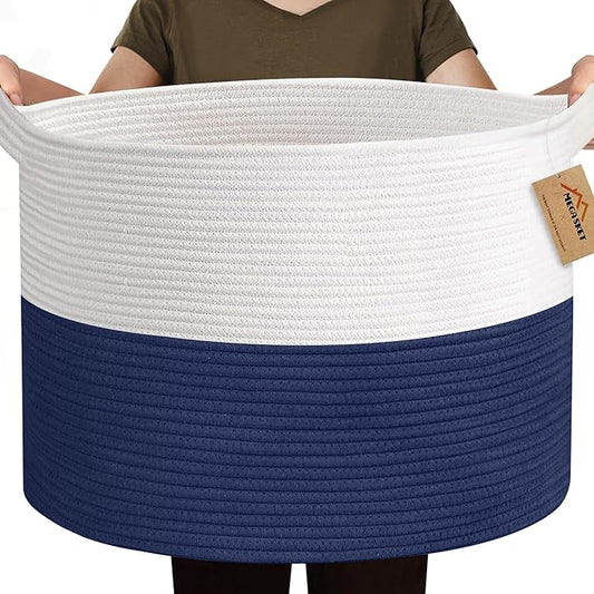 115L Super Large Blanket Basket, Kids Dog Toy Storage Bin Box, Oversized Baby Toy Organizer, Cotton Rope Woven Bin, XXXL Jumbo Basket for Blankets for Living Room, 23.6"x15.7", Dark Blue