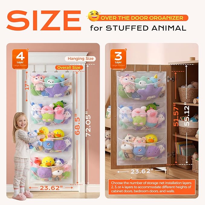 Upgraded Assembly Type Stuffed Animal Storage. Original Design & Patented, 4 Components Over the Door Organizer, Adjustable Stuffed Animals Storage, Suitable for Doors and Walls of Various Heights.