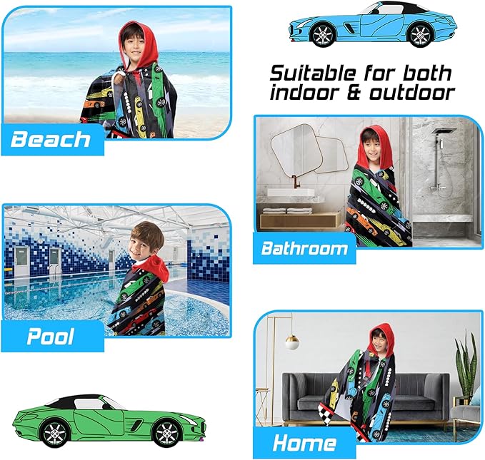 Hooded Towels for Kids -Toddler Beach Towel- Super Absorbent & Quick Dry 100% Cotton 30x50 Inch - to Kid Ages 3-10-Racing Car Swim Towels