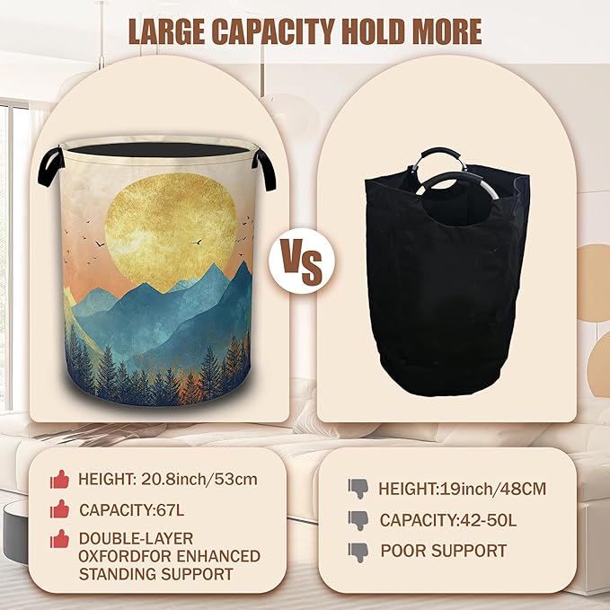 Mountains Sun Nature Scenery Laundry Baskets,Laundry Hamper,Storage Basket with Handles for Bathroom Bedroom College Dormitory Living Room Nursery Organizer 16"x20.8"