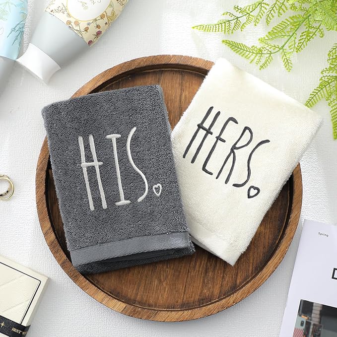 2 Pcs His and Hers Hand Towels 100% Cotton Embroidered Bathroom Towel Wedding Gift for Valentine's Day Couple, Anniversary Bathroom Decor, 29 x 13 Inch