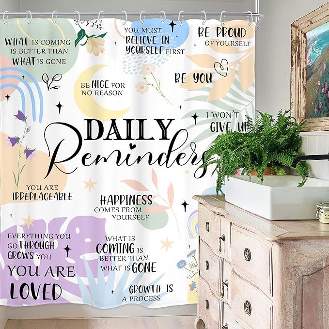 Homewelle Inspirational Quotes Shower Curtain Girly Abstract Boho Motivational Words Rainbow Moon Palm Leaves Wildflower Colorful 60Wx72H Inch Aesthetic Waterproof Polyester Fabric Bathroom Bathtub