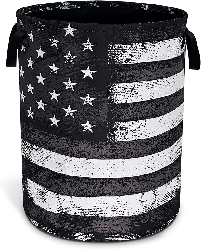 Black White American Flag Laundry Basket Vintage Usa Flag Oxford Cloth Laundry Hamper With Handle Foldable Portable Clothes Storage Basket 18.9 X 16.5 In Storage Bag For Laundry Room/Bathroom/Bedroom