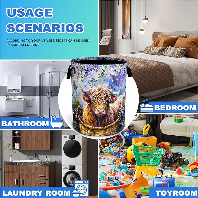 Highland Cow Laundry Basket Highland Cattle Oxford Cloth Laundry Hamper With Handle Foldable Portable Clothes Storage Basket 18.9 X 16.5 Inch Storage Bag For Laundry Room/Bathroom/Bedroom/Dormitories