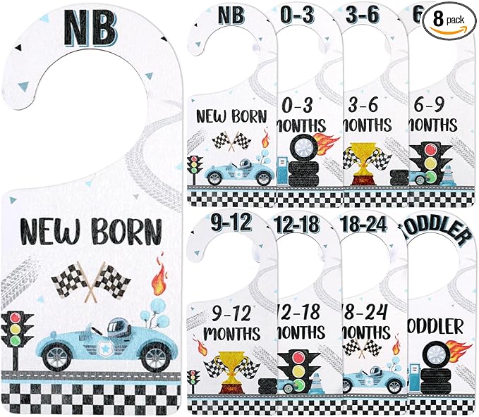 Baby Closet Dividers 8PCS, Racing/Race Car Theme Wooden Double-Sided Clothes Size Hanger Organizer from Newborn to Toddler for Nursery Decor Baby Shower Birthday Gift (Includes Gift Box)