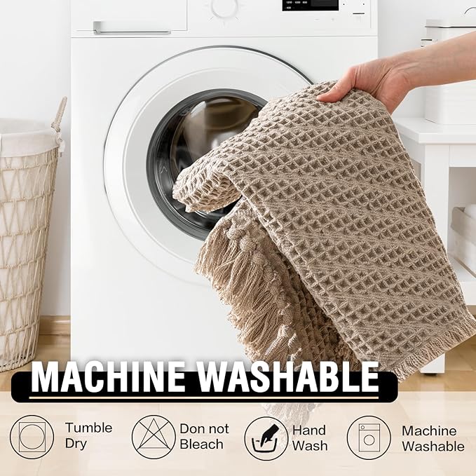 H.VERSAILTEX Waffle Bath Mat Super Absorbent Boho Bath Mat Non Slip Bath Rugs for Bathroom Floor Machine Washable Dry Fast Bathroom Rugs with Tassels (20 x 32 Plus 17 x 24 Inches, Irish Cream)