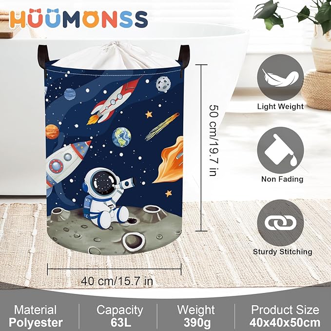 Space Rockets Laundry Hamper Cartoon Astronaut Large Storage Basket Planet Collapsible Parents Organizer Boys Clothes Toy Bins for Bedroom, Bathroom, Blue, 63L