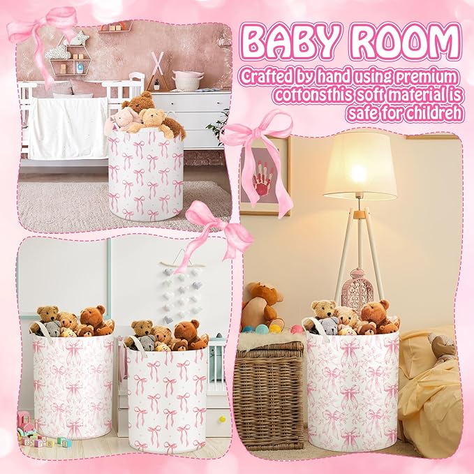 2 Pcs Laundry Basket Coquette Storage Basket for Girls Nursery Hamper with Handles Foldable Waterproof Collapsible Storage Bin Organizer for College Dorms Bathroom(Mixed Bows)