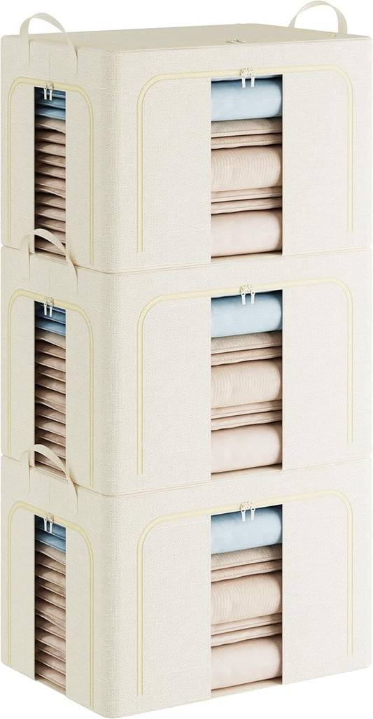 Pinkpum 3 Pack Clothes Storage Bins with Metal Frame, Closet Organizers and Storage Boxes, Stackable & Foldable Clothes Organizer Bags with Large Clear Window & Long Carry Handles, Beige 100L