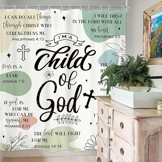 Homewelle Sage Green Abstract Bible Verse Shower Curtain Scripture Christian Boho Mid Century Inspirational Quotes 60Wx72H Inch Modern Minimalist Geometric Waterproof Polyester Fabric Bathroom Bathtub