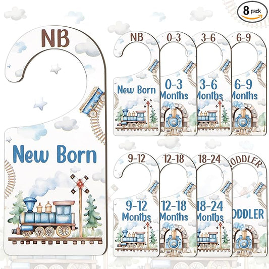 Baby Closet Dividers 8PCS, Retro Train Themed Wooden Double-Sided Clothes Size Hanger/Organizer from Newborn to Toddler for Nursery Decor Baby Shower Birthday Gender Reveal Party Gift