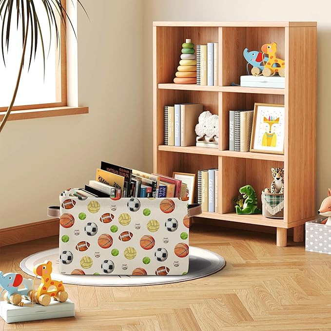 Sport Themed Storage Basket - Balls Pattern Collapsible Bin with Handles - Collapsible Storage Baskets with Handles - Ball Themed Storages Bin for Kids Clothes, Gifts