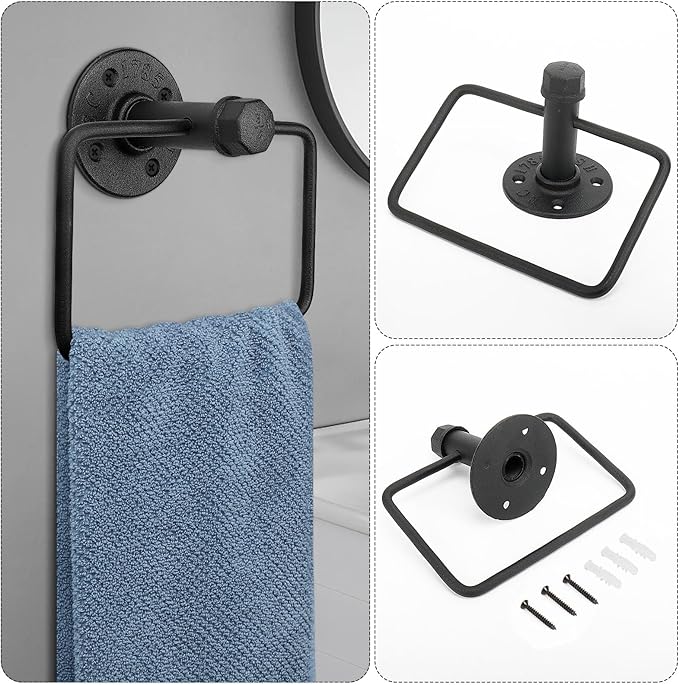 4-Pieces Industrial Pipe Bathroom Towel Ring Kit DIY Wall Mount Accessories Kit Includes Robe Hook Towel Bar and Towel Ring (16 inch)
